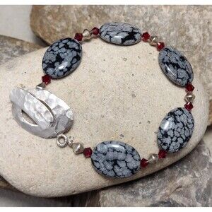 Sterling Silver .925 Snowflake Obsidian Stone Crystal Beaded Bracelet